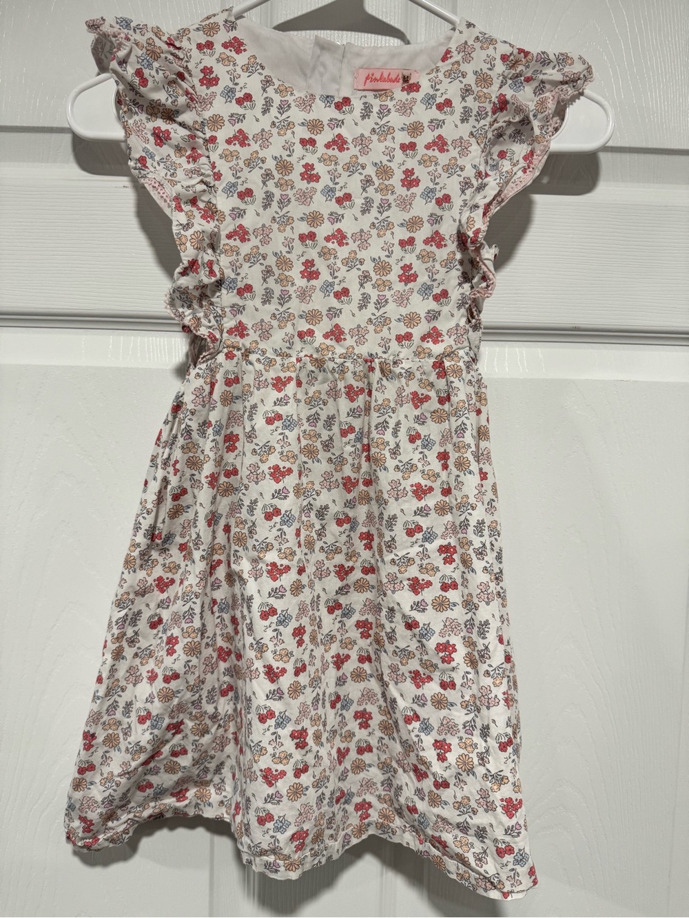 Floral Ruffle-Sleeve Girls Dress in White with Pink & Tan Flowers
